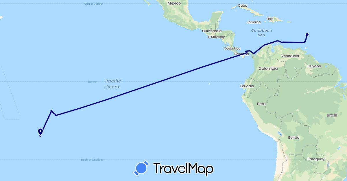 TravelMap itinerary: driving in Colombia, France, Grenada, Saint Lucia, Netherlands, Panama, French Polynesia, Saint Vincent and the Grenadines (Europe, North America, Oceania, South America)
